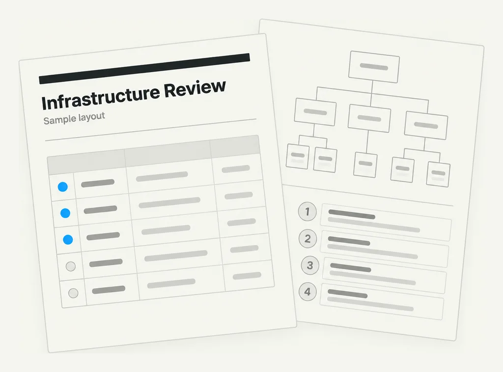 Sample layout of an Infrastructure Review report: a ranked findings table with priority markers, and behind it a page with an architecture diagram and a numbered sequence of actions.