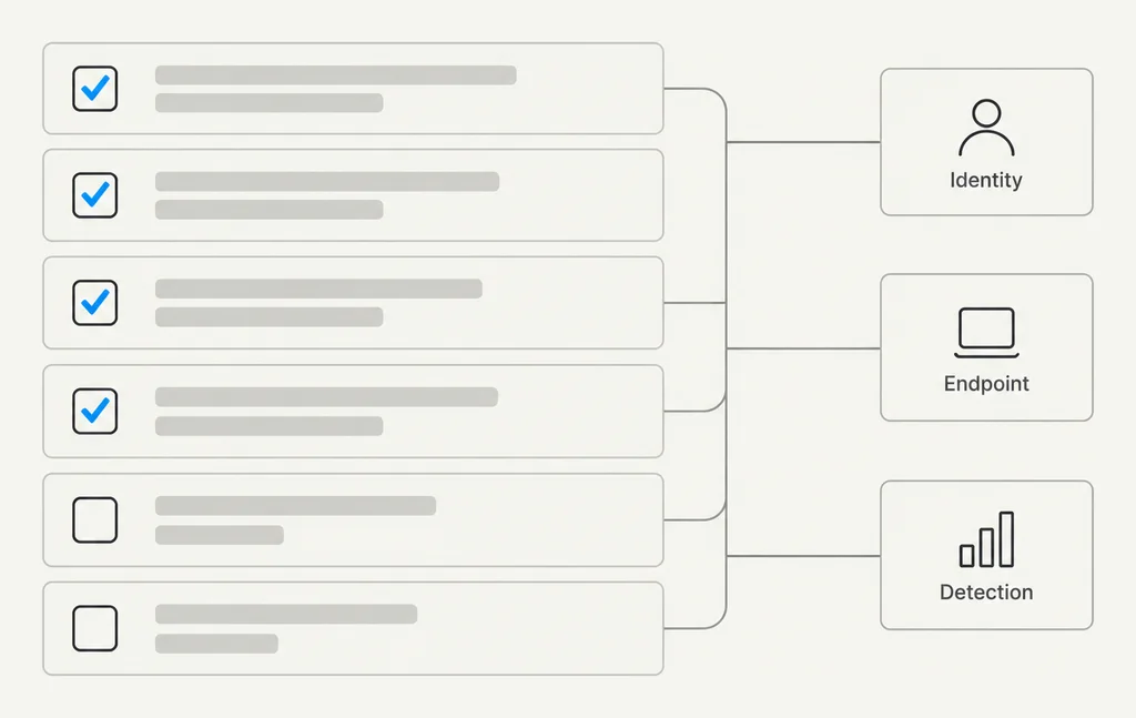 A checklist of six security findings, four ticked as closed and two still open, connected to three areas of work: identity, endpoint and detection.