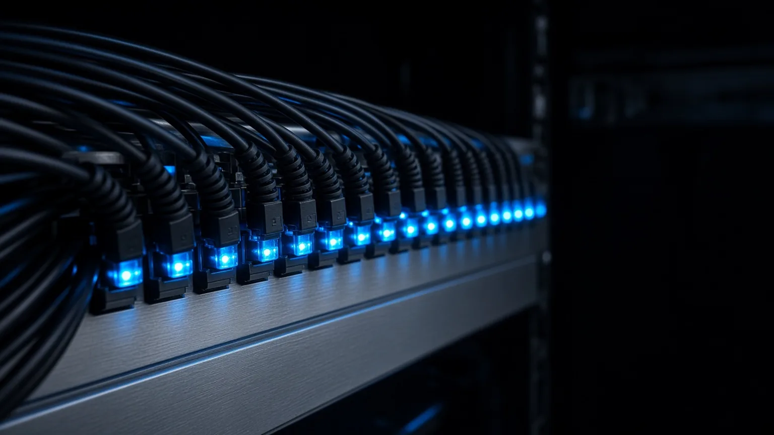 High-density network patch panel with active fibre connections glowing sky blue, receding into deep shadow — representing always-on IT infrastructure actively managed by North Ark.