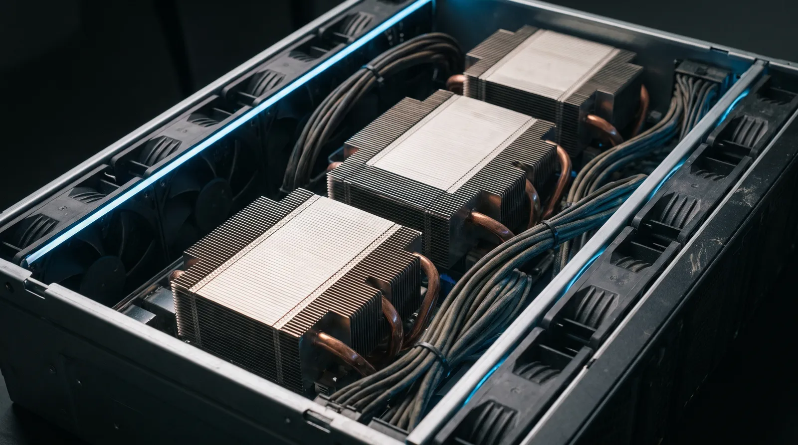 Inside an open GPU server with large heatsinks, copper heat pipes and cooling fans.