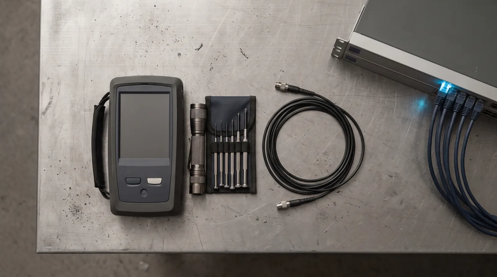 Network test instrument, torch, screwdrivers and fibre lead laid out on a steel bench.