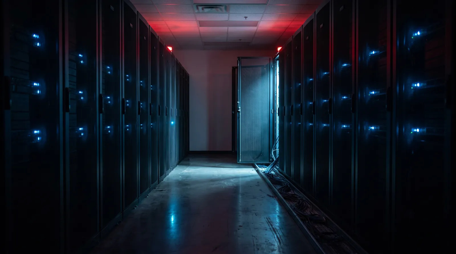Dark datacentre corridor with one rack door open at the end of the aisle.