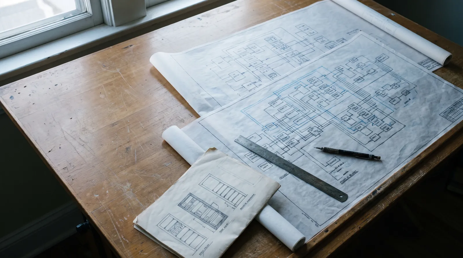 Printed network architecture drawings on a timber table with a steel ruler and pencil.