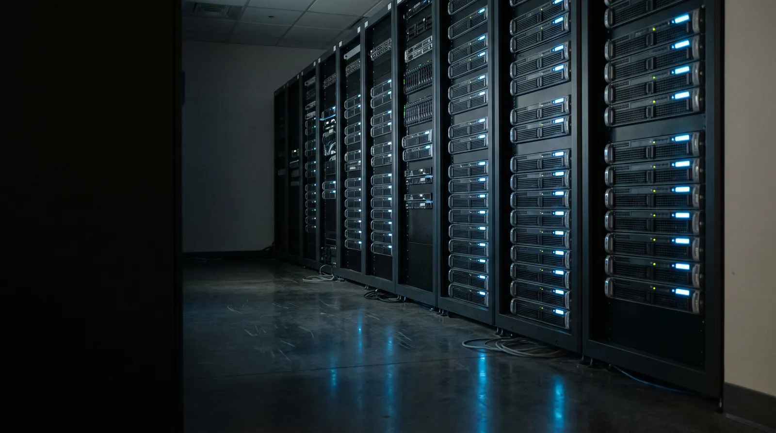 Row of server racks with blue status lights reflected in a polished floor.