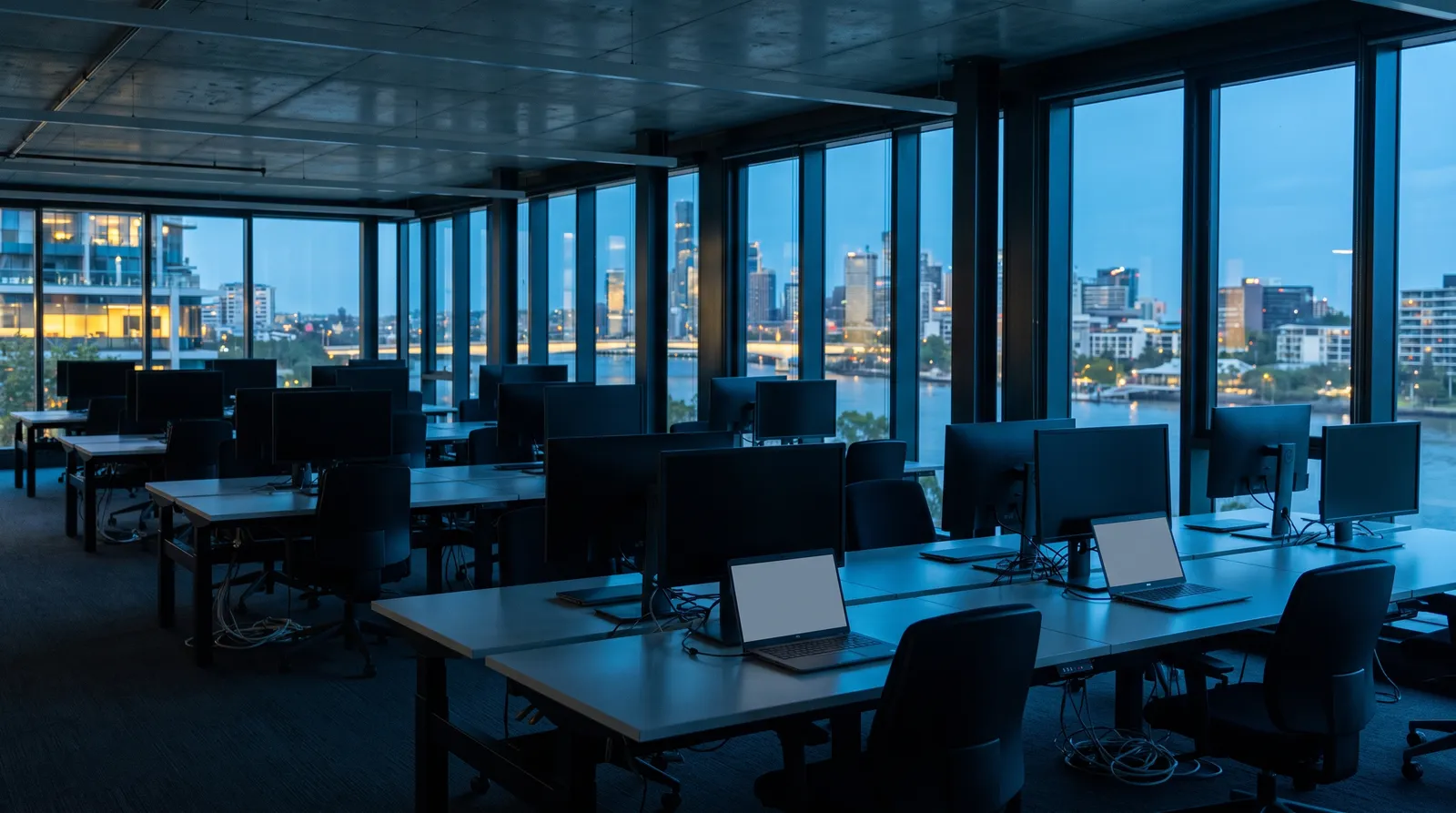 Empty open-plan office at dusk, with windows looking over a river city.