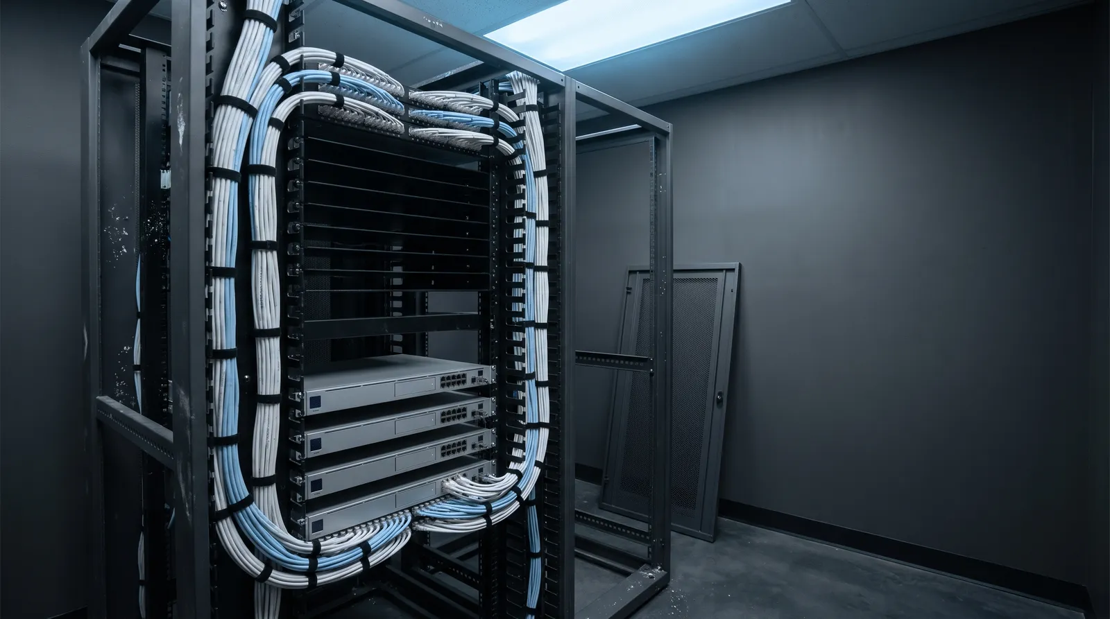 Server rack mid-build with neatly dressed white and blue network cabling.