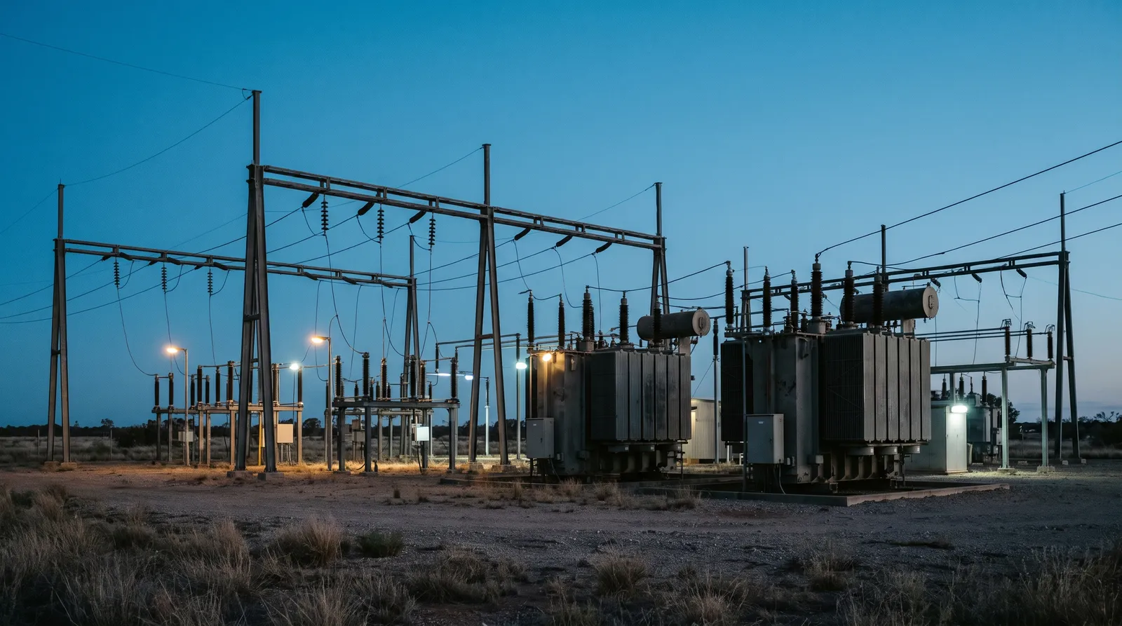 Electrical substation with transformers and steel gantries at dusk.