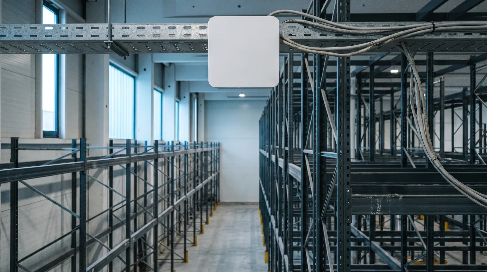 Warehouse pallet racking with a wireless access point and cable tray on the ceiling.