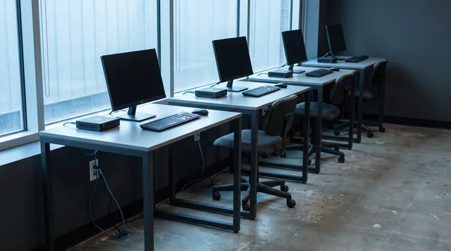 Row of desks with thin-client computers beside office windows.