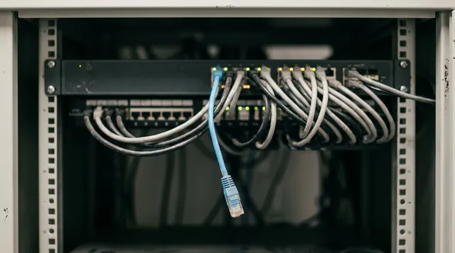 Network switch with one patch cable unplugged and hanging loose.