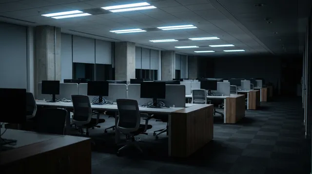 Large office floor in the evening with most desks unused and in shadow.
