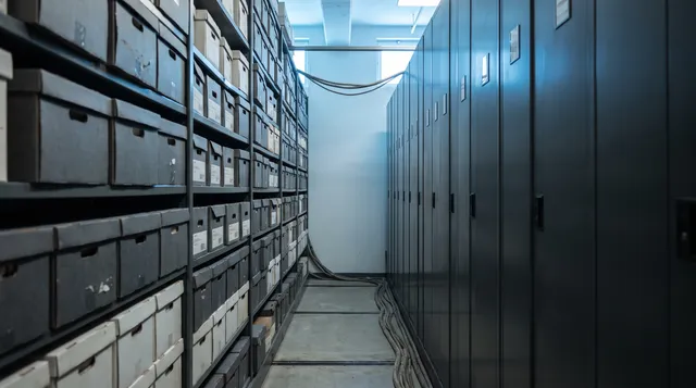 Records archive with one aisle of shelving opened.