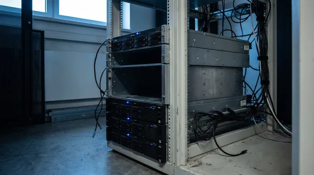 Server rack being decommissioned, with several servers removed.